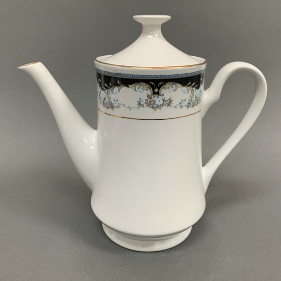 Porcelain Tea Coffee Pot White Black Floral Gold Trim - Picture 1 of 7
